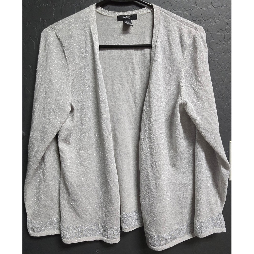 Alfani Petite Silver Metallic Knit Sequin Cardigan Sweater P/M Silk Party Cyber